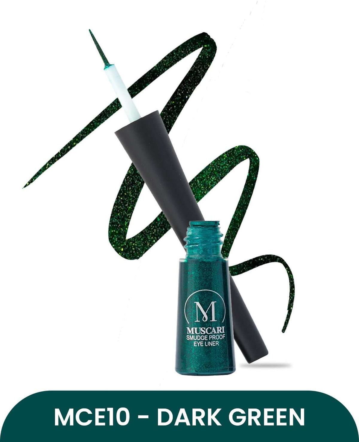 Muscari's 'Enchanted Forest' Liquid Eyeliner bottle in a luxurious emerald green. The bottle is elegantly designed with gold accents and features a fine brush applicator for precision.