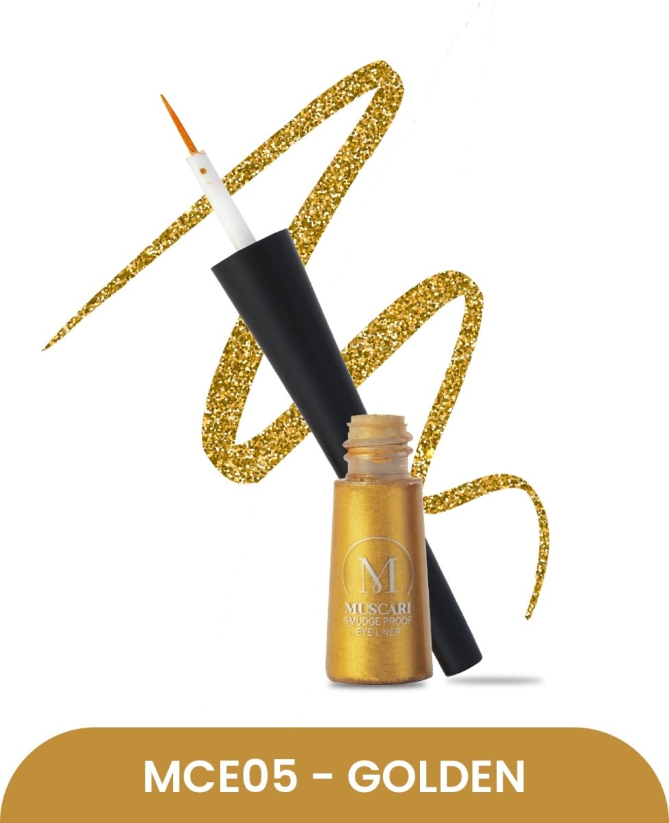 Experience the captivating brilliance of the 'Golden Glimmer' Eyeliner by Muscari. This radiant gold eyeliner is designed to add an elegant touch to your eye makeup, with its precise brush applicator ensuring effortless application.