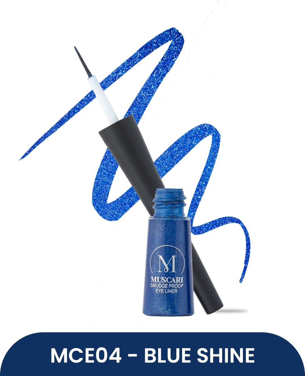 Experience the allure of 'Sapphire Sky' Liquid Eyeliner by Muscari, featuring a brilliant sapphire blue shade that exudes elegance and celestial beauty.